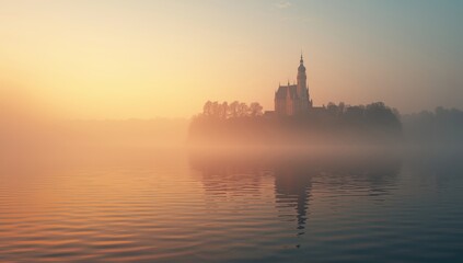 Naklejka premium Historic castle silhouette against a foggy lake at sunrise, focusing on architectural preservation at dawn