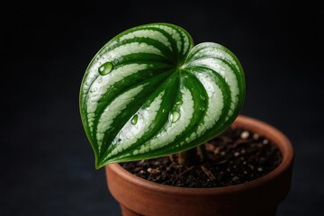 Close up depiction of a glossy striped watermelon peperomia leaf in a small clay pot against a dark background with copy space