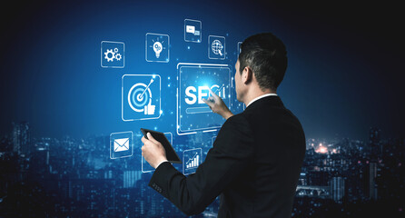 SEO concept for improving SEO visibility, with SEO related digital tools and SEO performance icons shown in an focused layout for strategic marketing. Spline