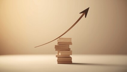 Close-up of a rising arrow on stacked wooden blocks, strategic development and upward movement