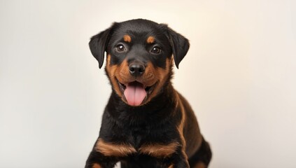 Image of a young rottweiler pincher puppy with focused eyes on a plain white backdrop, highlighting pet health