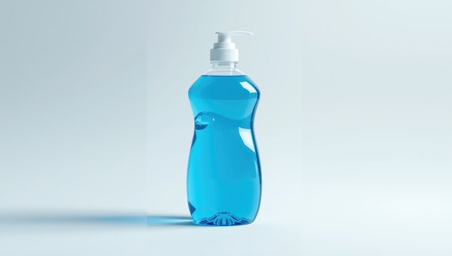 Dish soap container with vibrant blue liquid on a white background, emphasizing cleaning product safety