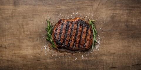 Grilled beef steak seasoned with rosemary, salt, and pepper placed on a rustic wooden board for flavor enhancement