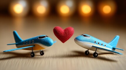 Two small airplanes with a heart in the middle. The airplanes are positioned to look like they are kissing