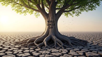 A tree with roots exposed on dry cracked earth with world environment day text