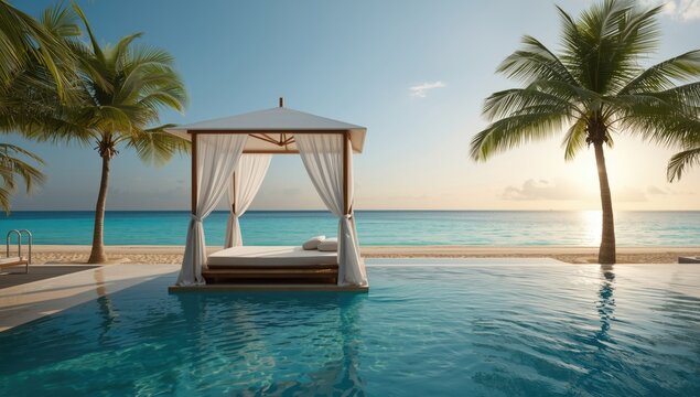 Relaxing outdoor setup with umbrella, pool, and ocean view, vacation environment, water and sky backdrop, summer leisure