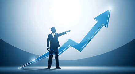 Businessman Silhouette Points Upward Along A Blue Rising Graph Line Representing Business Growth And Success