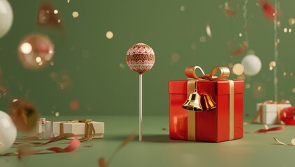 Festive Christmas scene featuring a cake pop on a green background, accompanied by a red gift box and gold bell