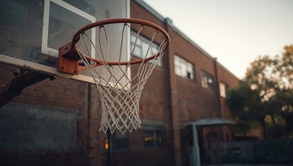 Basketball hoop mounted on court structure, highlighting athletic activity setup