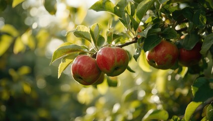 Green apples on a tree during summer, showcasing orchard health and fruit maturity