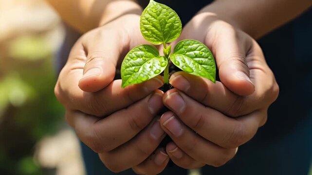 Two hands cradle fresh green plants, nurturing life and growth in a vibrant garden. Nature's beauty shines in this peaceful display of care and renewal