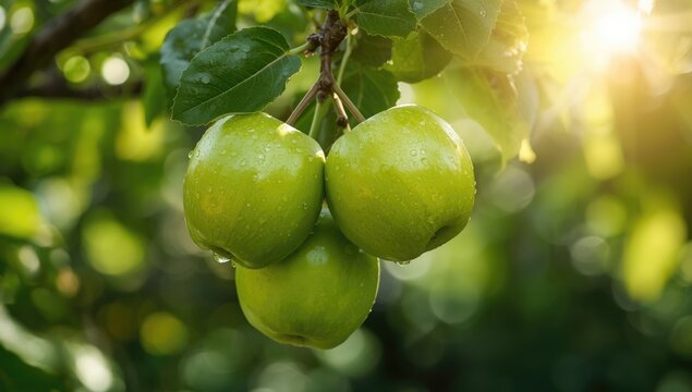 Green apples on a tree branch in summer morning light, ideal for poster or calendar print, highlighting natural produce