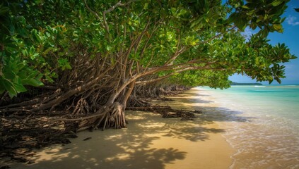 Mangrove forests showing tangled roots along shoreline, highlighting erosion prevention functions, Earth Day