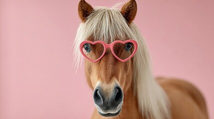 A horse wearing pink glasses with hearts on them. The horse is looking at the camera. The image has a playful and whimsical mood
