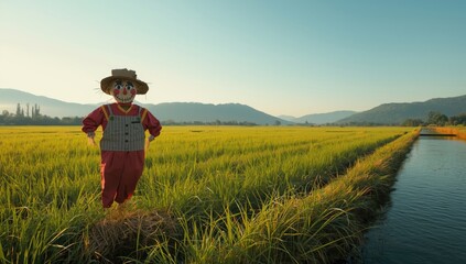 Fototapeta premium Farm scarecrow crafted from straw positioned to ward off birds from rice crops, highlighting pest control methods