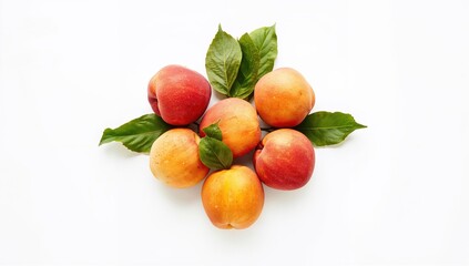Peach fruits with foliage displayed from overhead, designed as a layout for text or graphic elements