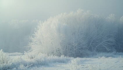 Wide view of dense deciduous trees blanketed in snow with frost on branches, highlighting winter preservation