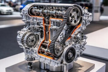 Automotive engine components displayed with cutaway showing camshaft and timing belt on exhibit stand