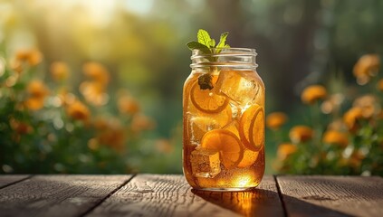 Obraz premium Chilled iced tea with lemon slices and ice cubes in a jar, suitable for hot weather refreshment