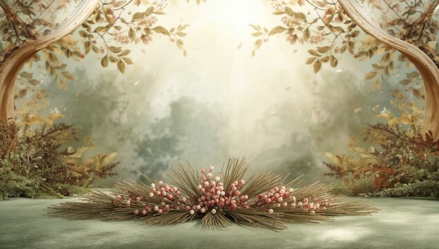 Decorative botanical scene featuring dry pine needles and pink berries, used as a wallpaper or print background in interior design - Powered by Adobe