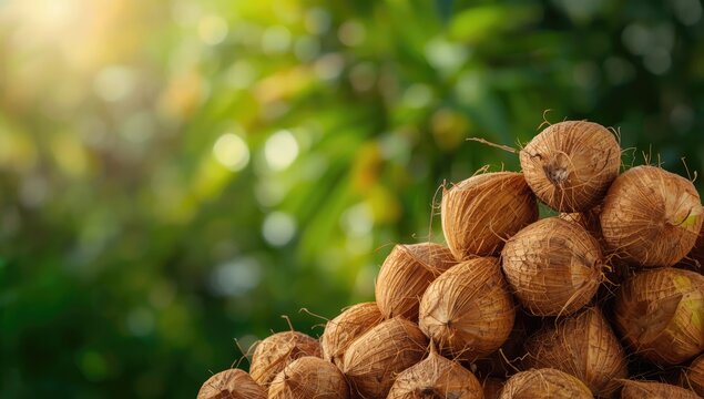 Tropical fruits including fresh coconuts on display, suitable for food blog backgrounds or layout elements