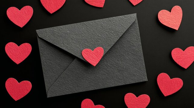 A black envelope with red hearts on it. The hearts are scattered all over the envelope