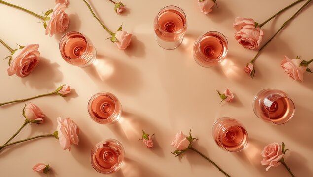 Rose wine served in glasses with floral accents on a beige backdrop, ideal for a celebration setting
