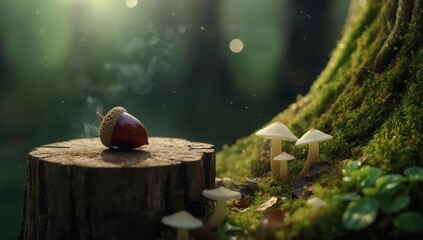 Mossy forest stump with an acorn on top, highlighting natural forest floor elements