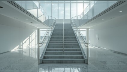 Fototapeta premium Medical facility staircase with handrails and non-slip surfaces, focused on safety compliance