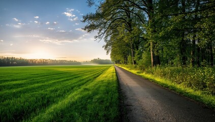 Fototapeta premium Scene of sunrise on a Dutch countryside road, highlighting natural lighting and rural scenery