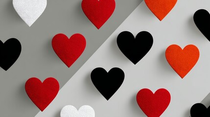 A collection of hearts in various colors and sizes are arranged in a pattern on a gray background. Concept of warmth and love, as the hearts are often associated with these emotions