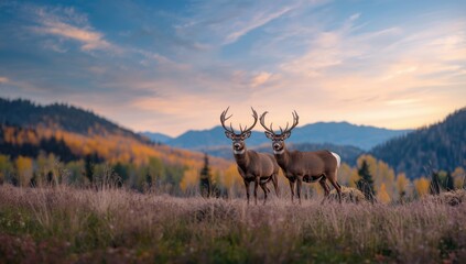 A pair of mule deer bucks in a nature scene during autumn with grass and mountain backdrop, highlighting wildlife conservation