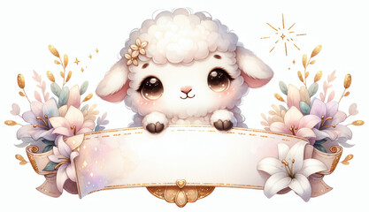 Charming Easter lamb with sparkling eyes, surrounded by soft flowers and scroll ribbon..Use for springtime campaigns, Easter brunch flyers, or baby product labels.
