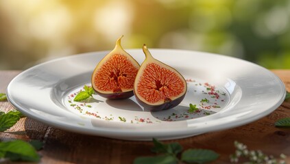 Two fig wedges displayed on a dish, highlighting their deep purple skin and delicate, sugary flesh for food styling