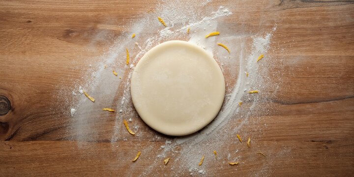 Round-shaped shortbread dough prepared on a wooden surface, ideal for breakfast or cake layout
