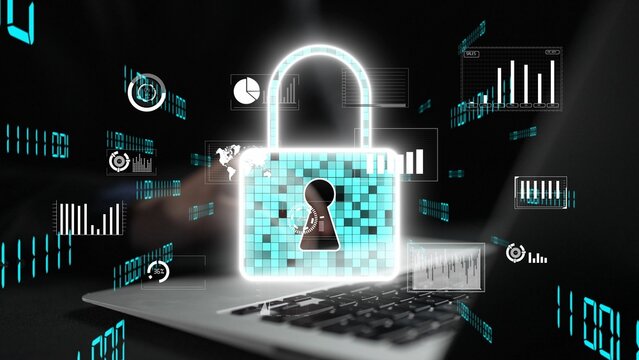 This captivating digital image illustrates a lock icon, symbolizing cyber protection and data encryption, with graph data displayed, emphasizing online security themes. Xenic - Powered by Adobe