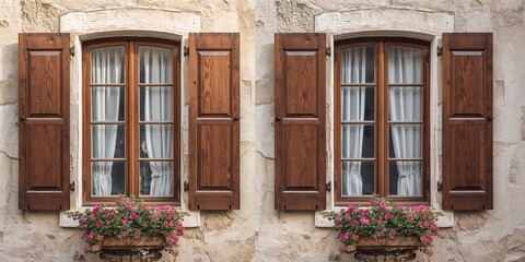Old windows with floral curtains set as a vintage house background, serving as decorative window frames