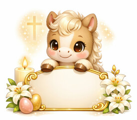 Adorable Easter pony with golden cross, candle, lilies, and eggs holding ornate blank sign..Perfect for holiday cards, church invites, or kids&rsquo; Easter-themed content.