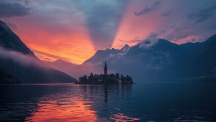 Village enveloped in evening mist, natural scenery for environmental awareness, Earth Day