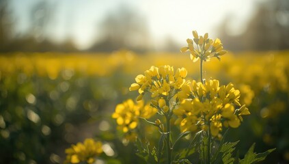 Obraz premium Detailed view of a rapeseed crop flower in a cultivated area highlighting farming during spring