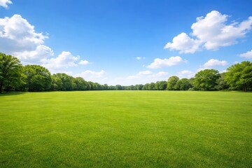 Obraz premium Open sprawling green lawn with a clear blue sky and white cloud accents plus copy space for text