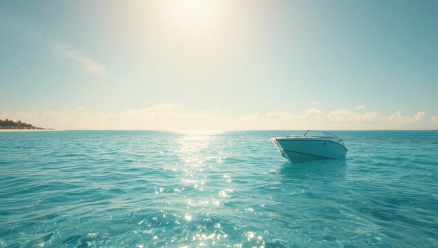 Serene boat floating over sparkling ocean waters with a distant horizon, highlighting relaxation in nature during tropical holidays - Powered by Adobe