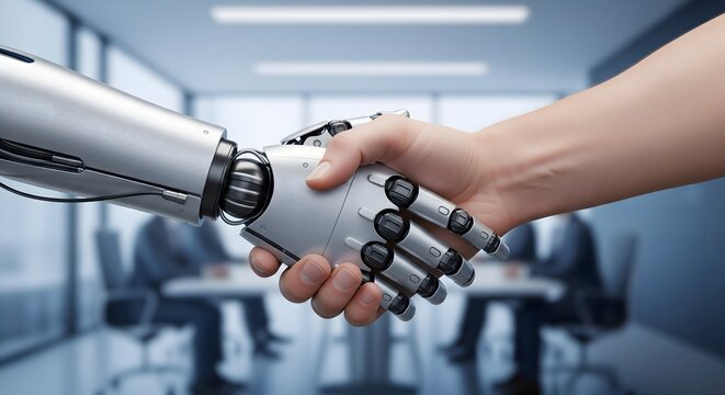 Human hand shaking mechanical robotic arm in a modern office meeting room, symbolizing future business technology partnership and automation.