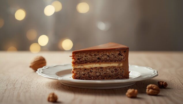 Decadent chocolate layered cake with creamy topping, suitable for bakery display