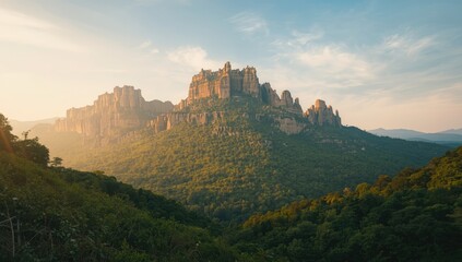 Obraz premium Mountain scene featuring steep slopes and rocky outcrops, highlighting erosion and land preservation, Earth Day