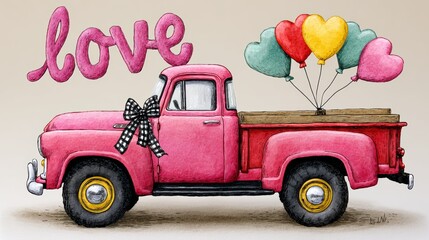 A pink truck with a bow on it and a heart on the side. The words LOVE are written on the side of the truck