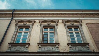 Obraz premium Front view of a historic building with three windows on its facade in Saint Petersburg, Russia, architectural detail, cultural heritage