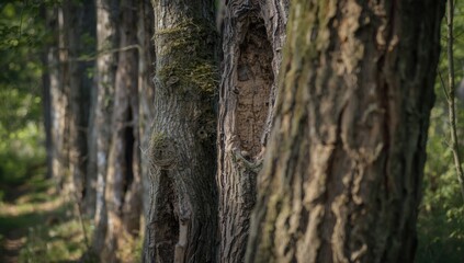 Obraz premium Multiple tree trunks lining a hiking route in Ontario, used for trail preservation and environmental monitoring