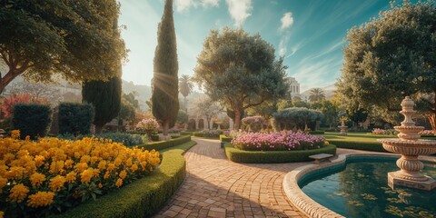 Summer heat in a well-maintained garden scene in Israel, highlighting seasonal transition and landscape maintenance