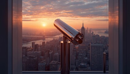 Binoculars or telescope mounted on a tall building for observation, focusing on maintenance and safety measures
